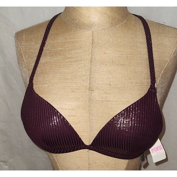 NWT PINK Victoria's Secret Womens Size XS Bikini Top Burgundy Bralette Lined Hal - Picture 1 of 12